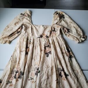 Worth Collective Dress Women XL Beige Floral Lace Smock Puff Sleeve Cottagecore